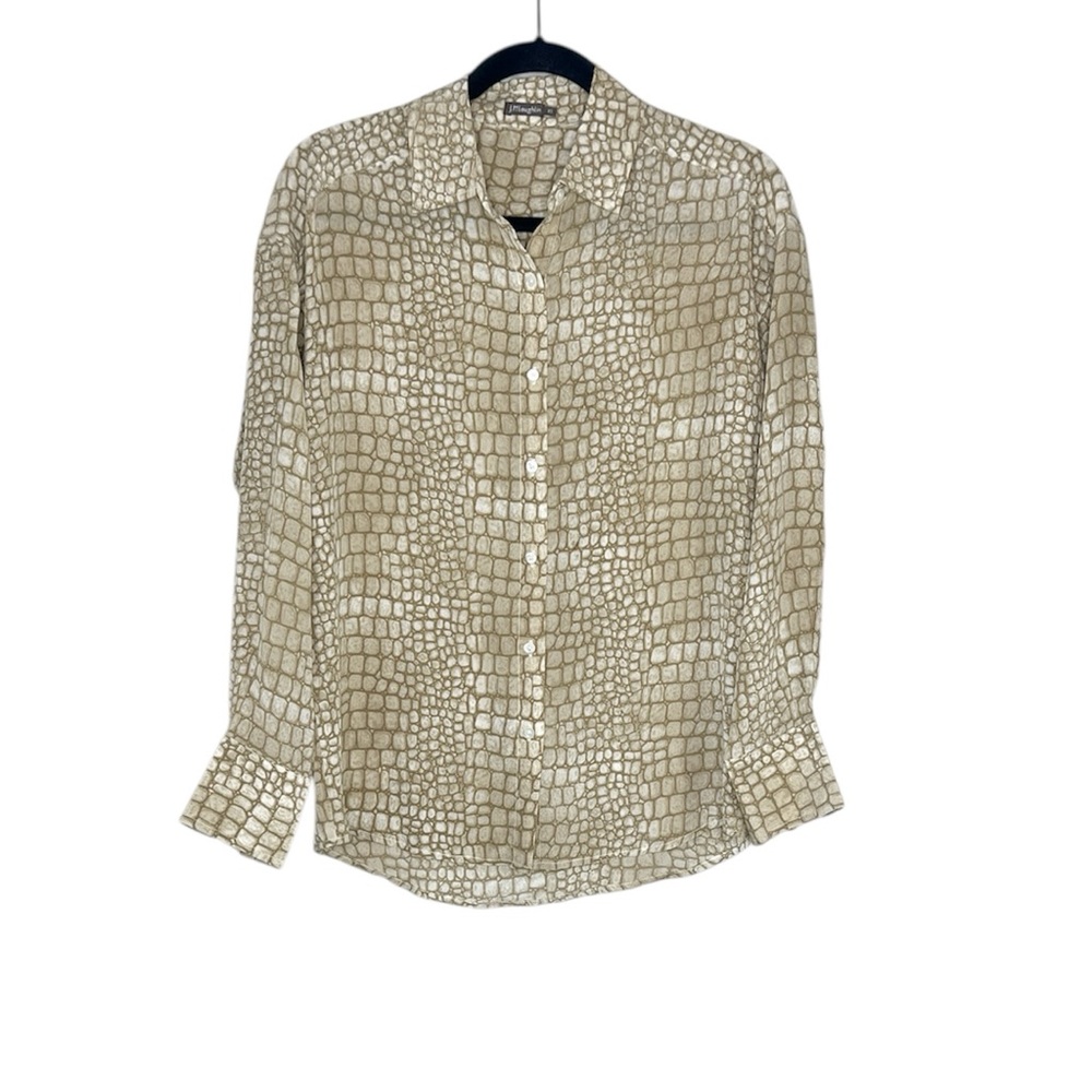 J. McLaughlin 100% Silk Croc Print Tan button Down Shirt size XS